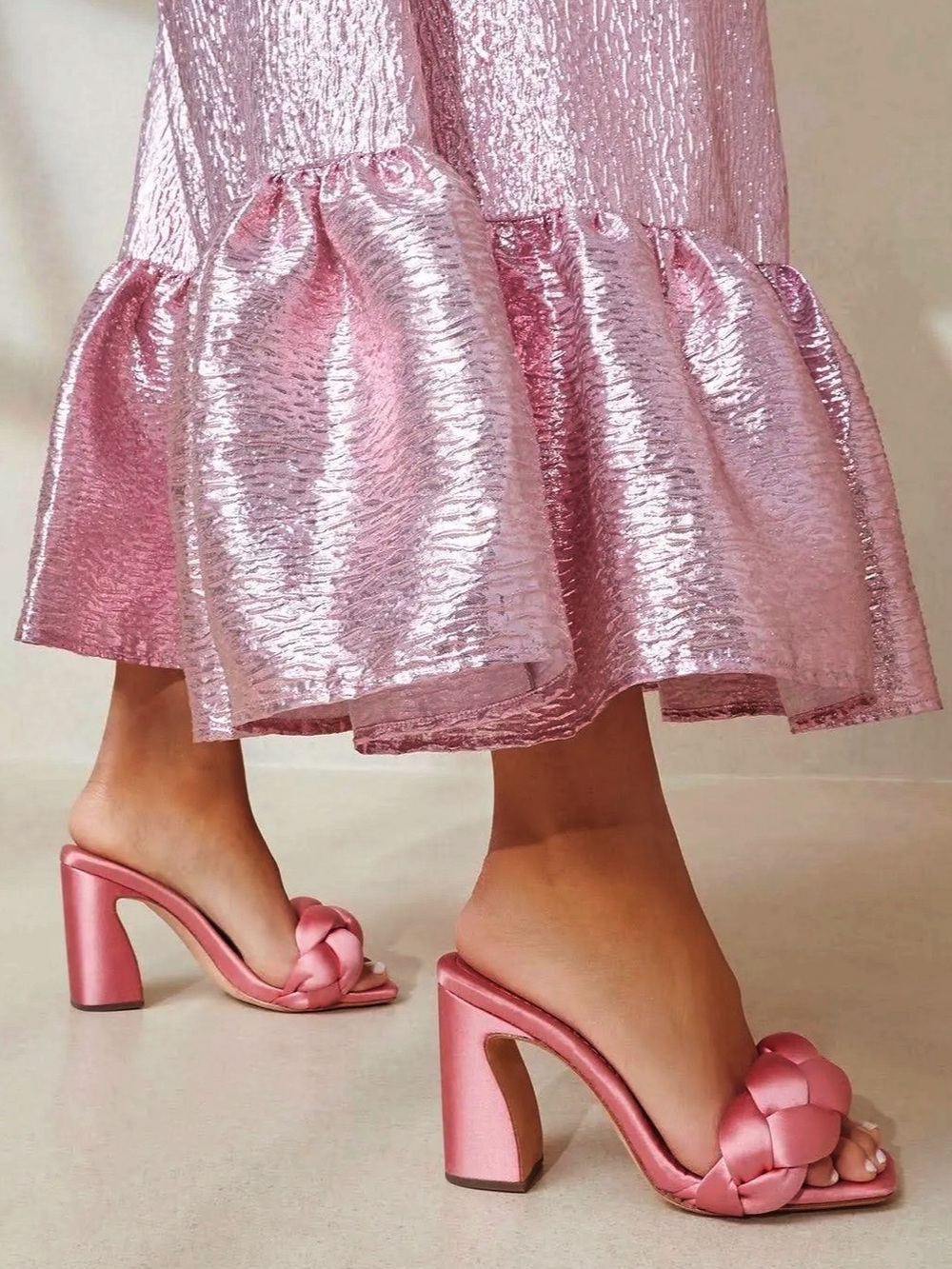 🆕{Loeffler Randall} Freya Pink Satin Braided Curved Heels